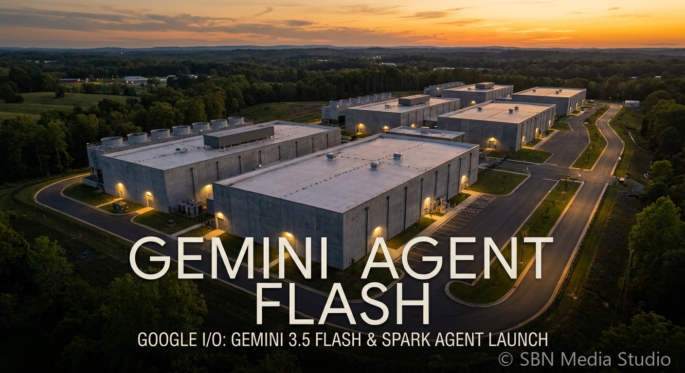Aerial photograph of a hyperscale data-center campus at dusk, illustrating the infrastructure behind Google
