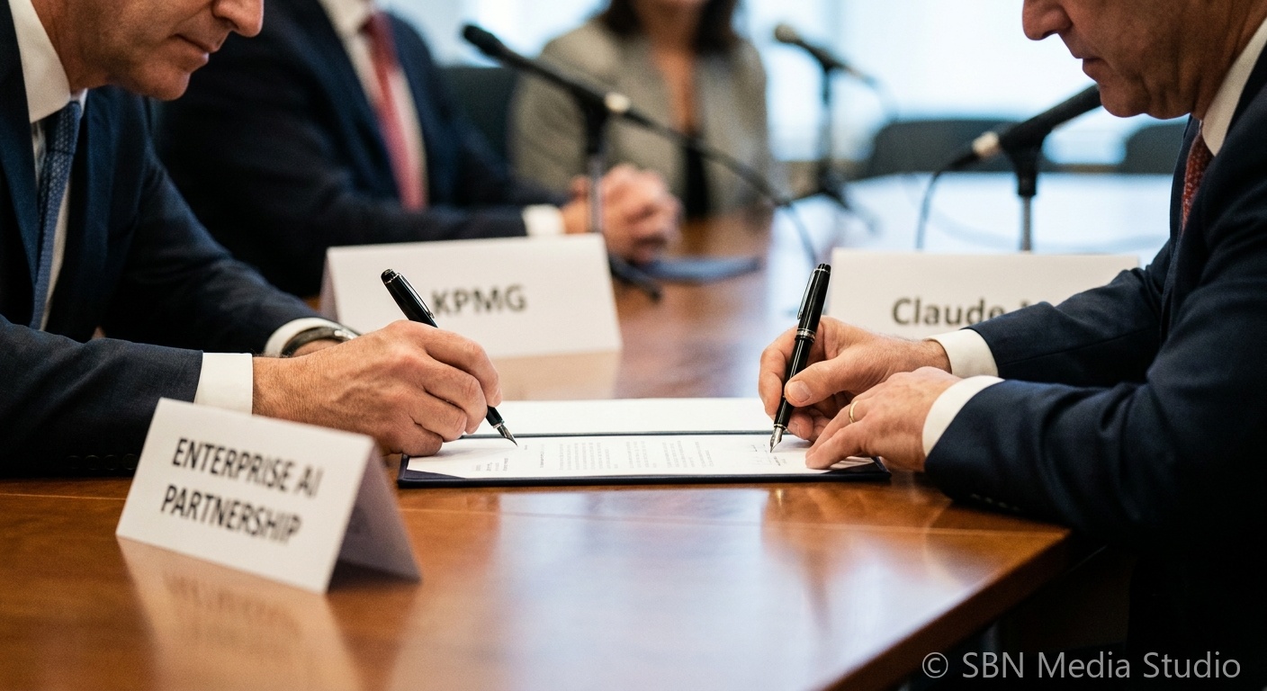Editorial photograph of a partnership signing at a conference table with name cards in soft focus, illustrating the global alliance between KPMG and Anthropic deploying Claude across 276,000 employees