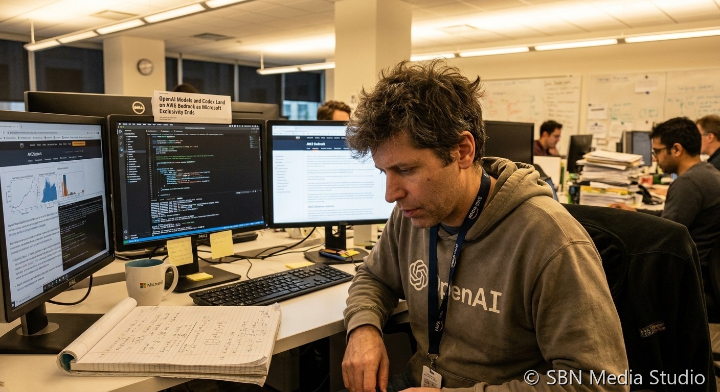 OpenAI logo overlaid on Amazon Web Services data center hall with server racks, illustrating the end of Microsoft Azure exclusivity and the new Bedrock distribution deal